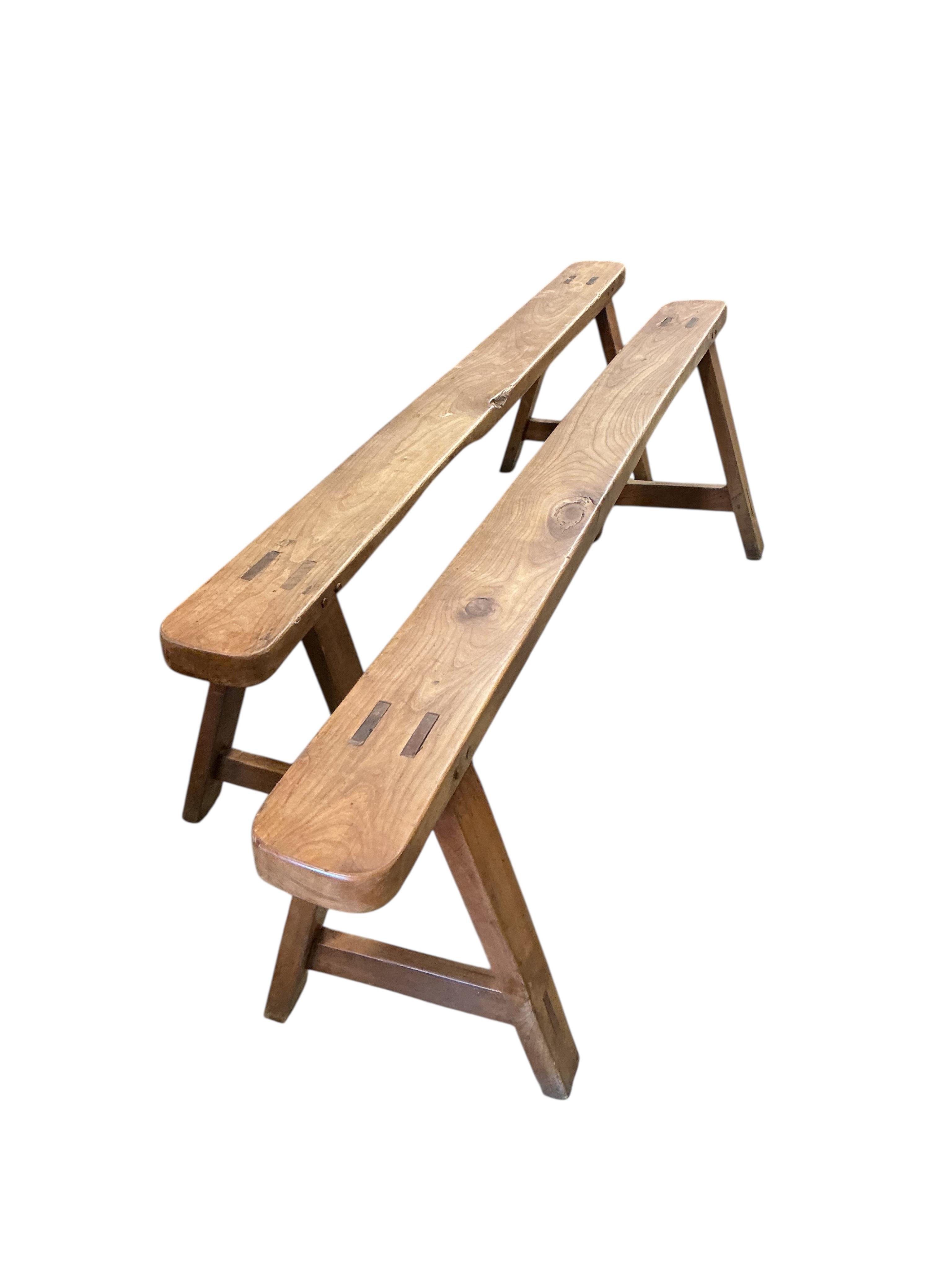 A pair of 19th century elm and bench seats, width 180cm, height 50cm